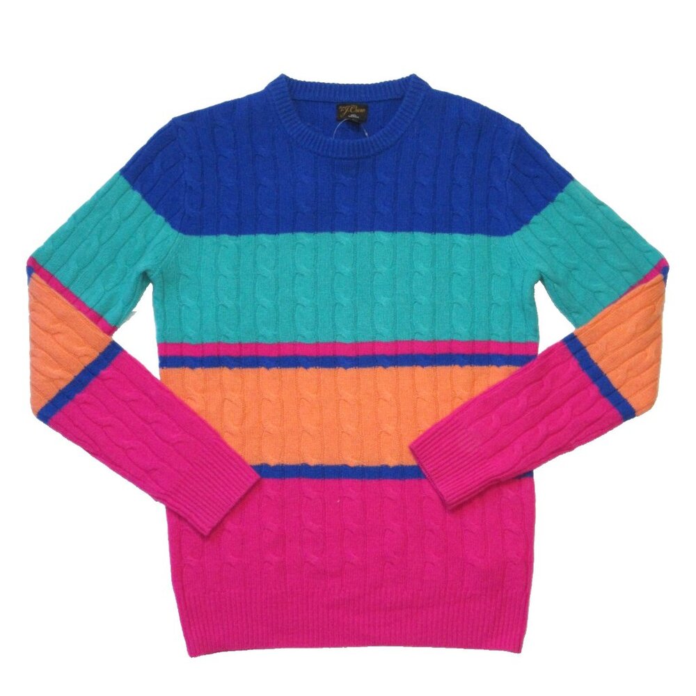 NWT J.Crew Men's Cashmere Cable-knit Sweater in Bright Multi Stripe Pullover XS - Picture 3 of 6